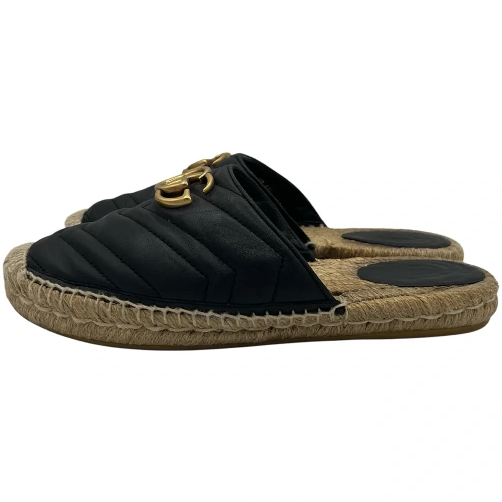 Gucci GG Marmont Black Matelassé Leather Espadrille Mules EU 37 US 7